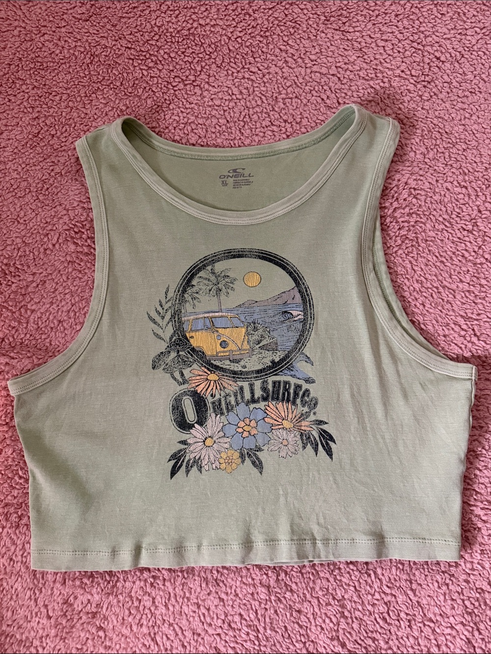 O'Neill Olive Green Graphic Crop Tank with Yellow Van